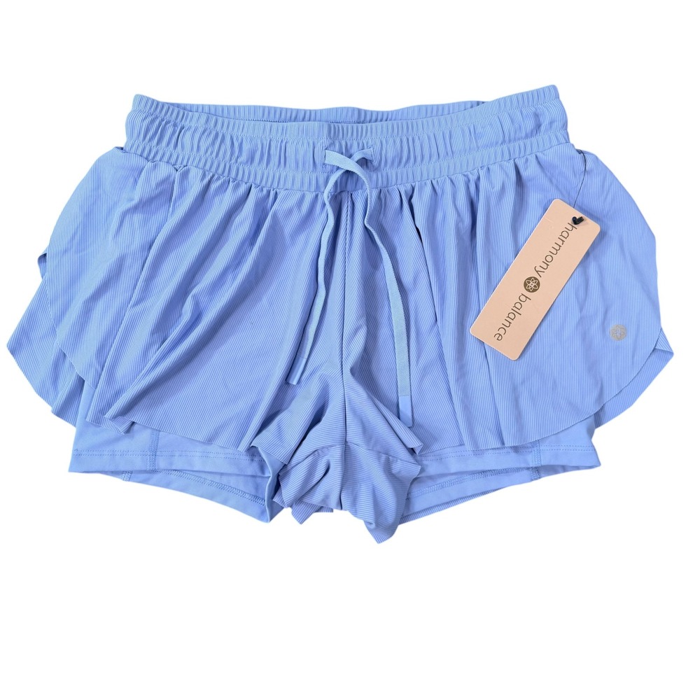 Harmony Balance Womens Ribbed 2-in-1 Flowy Athletic Shorts Blue Size S